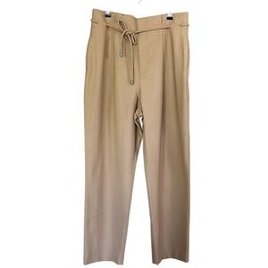 Camel Tan High Waisted Paperbag Pleated Tapered Trousers with Tie Belt Womens
